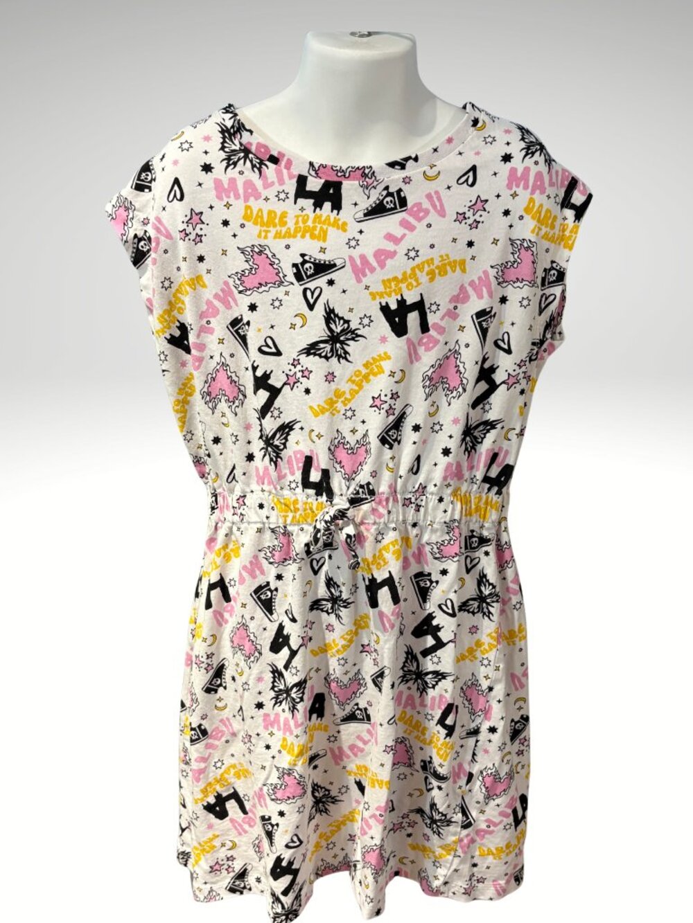 Girls Y2K Style Graffiti Print Malibu Dress Elastic Waist Size M (SKU:167G)